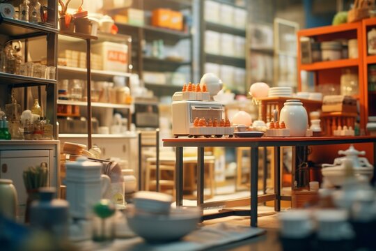 Out-of-focus store scene featuring a counter upfront with numerous objects. Generative AI