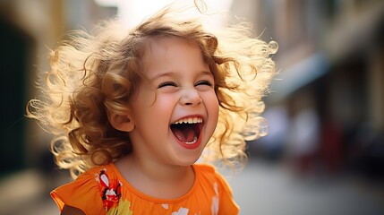 Happy young child, who is smiling and laughing, wearing bright clothes