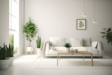 Minimalist living room with white decor, comfy sofa, table, and greenery. Generative AI