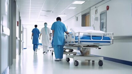 Doctors Hospital Corridor Nurse Pushing Gurney Stretcher Bed 