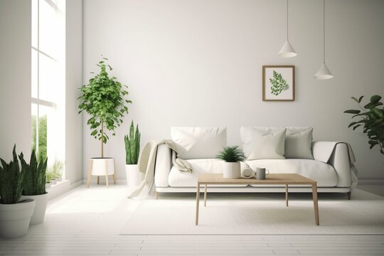 Minimalist living room with white decor, comfy sofa, table, and greenery. Generative AI © Virelai