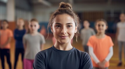 Confident female coach during physical education class at school gym.
