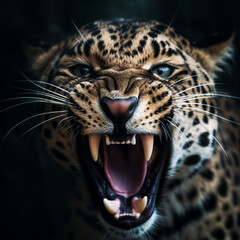 close up portrait of a leopard with a roaring expression. generative ai - obrazy, fototapety, plakaty