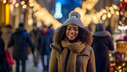 A woman walks down a bustling shopping street in winter season. - obrazy, fototapety, plakaty