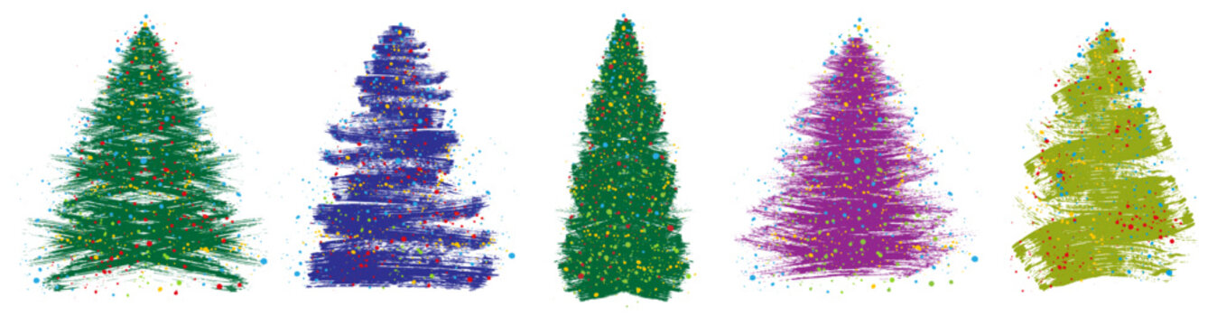 Christmas tree, grunge brush drawing art. Set of beautiful doodle spruce with color paint blots as garland. Vector illustration.