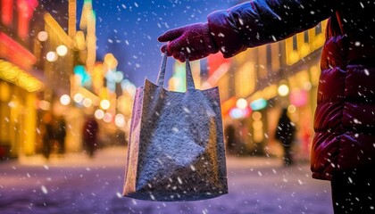 shot of a hand holding a shopping bag surrounded by beautiful lights during the Christmas season.