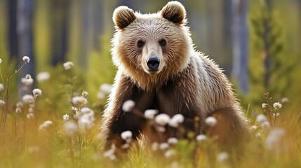Brown bear Ursus arctos in woollen grass Vartius Kar
