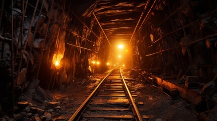Fototapeta na wymiar Lit and railed tunnel for miners