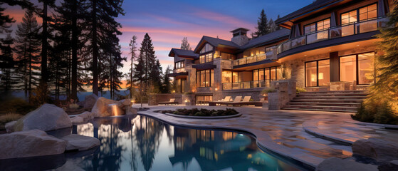 Illustration of a stunning luxury mountain home at dusk with serene pool, illuminated interiors, and tall pines backdrop, capturing the essence of tranquil high-end living - obrazy, fototapety, plakaty