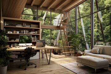 Contemporary interior with nature-inspired small house design and double-duty furniture for a limited office area. Generative AI
