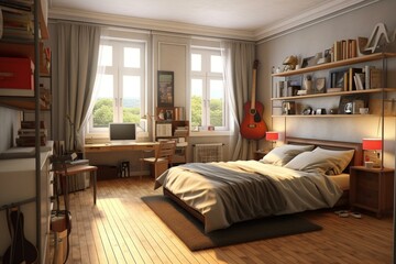 Rendered 3D bedroom interior. Generative AI