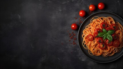 photo top view of Dark plate with italian spaghetti on dark