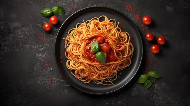 photo top view of Dark plate with italian spaghetti on dark