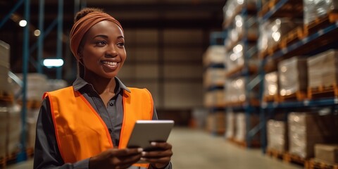 african american woman worker in a hardware warehouse standing checking supplies on his tablet.