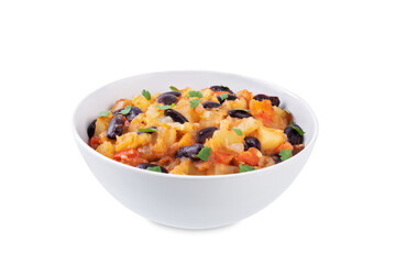 Potato kidney beans stew on a white isolated background. Puerto Rican dish