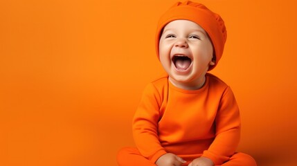 Portrait of a laughing baby in orang clothing on orange background