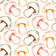 Seamless pattern of doodle outline mushrooms on isolated background. Hand drawn background for Autumn harvest holiday, Thanksgiving, Halloween, seasonal, textile, scrapbooking, paper crafts.