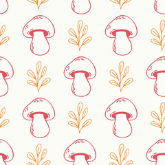 Seamless pattern of doodle outline mushrooms and leaves on isolated background. Hand drawn background for Autumn harvest holiday, Thanksgiving, Halloween, textile, scrapbooking, paper crafts.