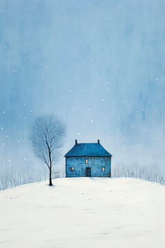 Generative AI Illustration of small house on snowy mountain near leafless tree against blue sky in winter day