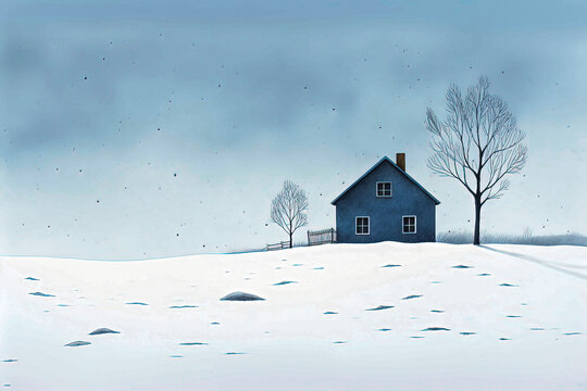 Generative AI Illustration of small house on snowy mountain between leafless trees against blue sky in winter day