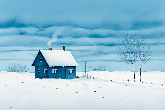 Generative AI Illustration of small house on snowy mountain near leafless tree against blue sky in winter day