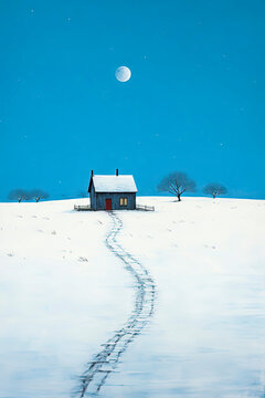 Generative AI Illustration of small house on snowy mountain near leafless tree against blue sky with white moon at night