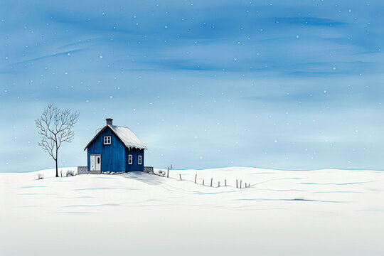 Generative AI Illustration of small house on snowy mountain near leafless tree against blue sky in winter day