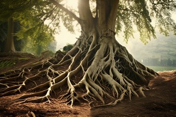 Slightly curved roots of a tall tree spreading out on one side. Generative AI
