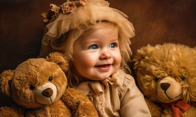 Generative AI illustration of happy baby girl with blue eyes looking away while sitting among teddy bears on brown background