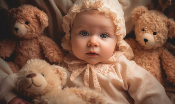 Generative AI illustration of high angle of cute baby girl with blue eyes looking at camera while laying on bed among brown teddy bears