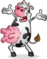 Happy cow cartoon with big full udders  and black and white spots with small horns and a huge smile giving a big happy ta-da and ready to hug everybody vector clip art illustration - 659176035