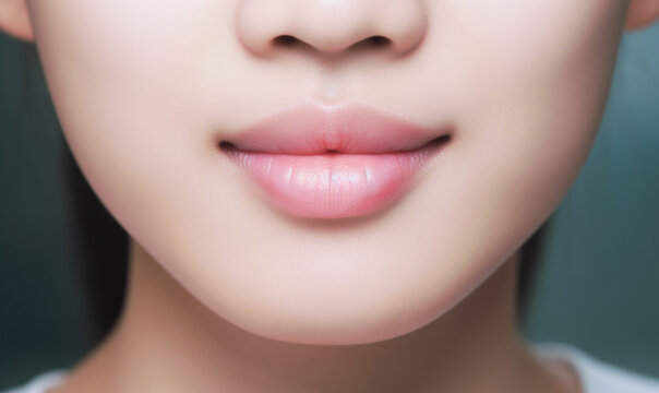 Generative AI illustration of closeup of smiling crop anonymous woman with lipstick on lips