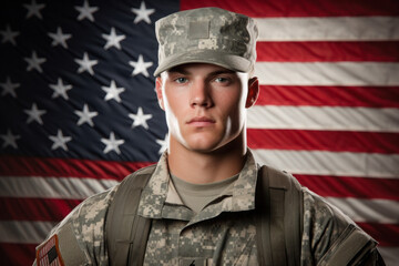 AI generated image of US soldier against the American flag while celebrating Independence Day