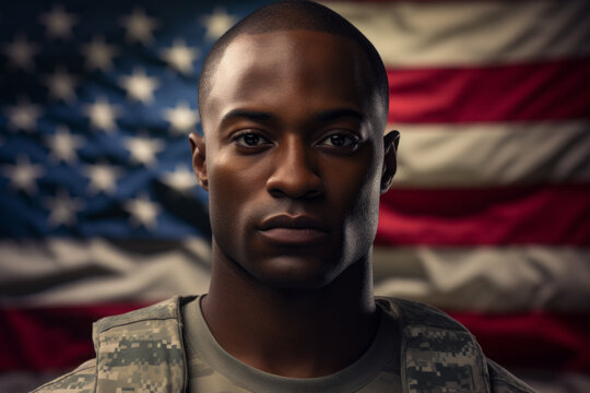 AI generated image of African American US soldier against the American flag while celebrating Independence Day