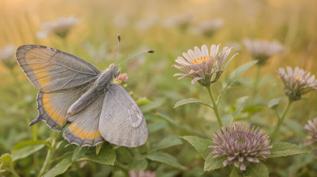 Gray butterfly landing on a flower