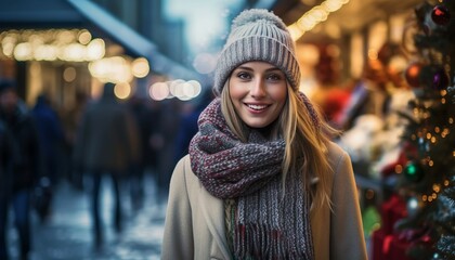 A woman walks down a bustling shopping street in winter season.generative ai