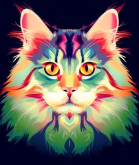 A face of a cat with bright colors. An illustration of a cat with a mystical style. A symmetrically drawn cat head. A symmetrical face of a cat looking straight ahead.
