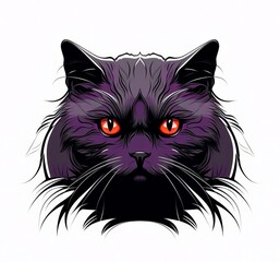 A face of a cat with bright colors. An illustration of a cat with a mystical style. A symmetrically drawn cat head. A symmetrical face of a cat looking straight ahead.
