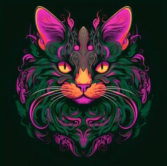 A face of a cat with bright colors. An illustration of a cat with a mystical style. A symmetrically drawn cat head. A symmetrical face of a cat looking straight ahead.
