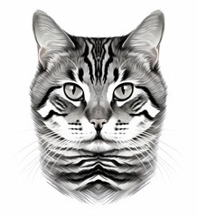 A face of a cat with bright colors. An illustration of a cat with a mystical style. A symmetrically drawn cat head. A symmetrical face of a cat looking straight ahead.
