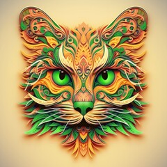 A face of a cat with bright colors. An illustration of a cat with a mystical style. A symmetrically drawn cat head. A symmetrical face of a cat looking straight ahead.

