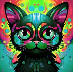 A face of a cat with bright colors. An illustration of a cat with a mystical style. A symmetrically drawn cat head. A symmetrical face of a cat looking straight ahead.
