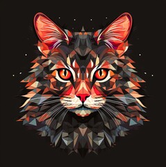 A face of a cat with bright colors. An illustration of a cat with a mystical style. A symmetrically drawn cat head. A symmetrical face of a cat looking straight ahead.
