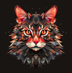 A face of a cat with bright colors. An illustration of a cat with a mystical style. A symmetrically drawn cat head. A symmetrical face of a cat looking straight ahead.
