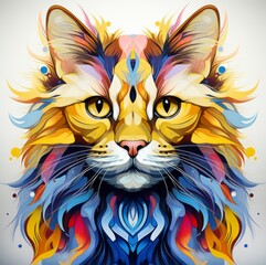 A face of a cat with bright colors. An illustration of a cat with a mystical style. A symmetrically drawn cat head. A symmetrical face of a cat looking straight ahead.

