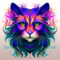 A face of a cat with bright colors. An illustration of a cat with a mystical style. A symmetrically drawn cat head. A symmetrical face of a cat looking straight ahead.
