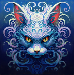 A face of a cat with bright colors. An illustration of a cat with a mystical style. A symmetrically drawn cat head. A symmetrical face of a cat looking straight ahead.
