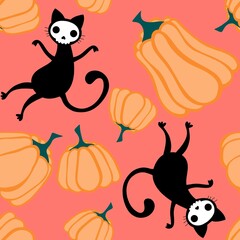 Halloween cat and pumpkins seamless ghost and skulls and poison pattern for wrapping paper and fabrics