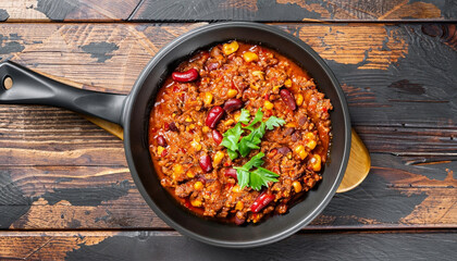 Top view of a pan of Chili Con Carne against a dark wooden background - obrazy, fototapety, plakaty