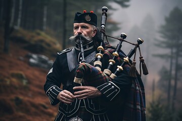 scottish traditional bagpiper with full dress